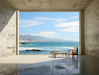 Fototapeta premium Empty modern room with sea view and bench. 3D Rendering.