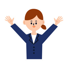 ビジネスパーソン　バンザイ　仕事　女性　上半身　笑顔　喜ぶ　イラスト	

