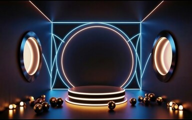 product presentation photo of luxury neon podium, showcase 3d futuristic background empty scene for placing products (1)