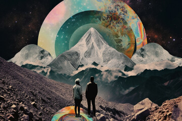 States of mind, travel, relationship concept. Abstract and surreal illustration of couple watching Earth from mountain. Strange geometric figures and colors in background. Colorful collage style - obrazy, fototapety, plakaty