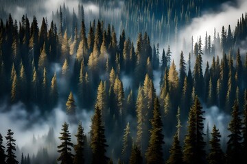 The forest at Banff National Park, Alberta, Canada, is enveloped in mist