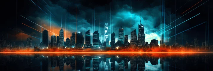 Zelfklevend Fotobehang Abstract futuristic night city, Concept for IOT, smart city, speed connection and taintless advanced communication network. © Blue Planet Studio