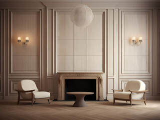 Classic and modern interior with fireplace and parquet and wooden floor. 3D render.