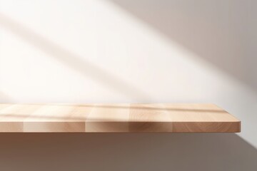 Empty minimal natural wooden table counter podium, beautiful wood grain in sunlight, shadow on white wall for luxury cosmetic, skincare, beauty treatment, decoration product display, Generative AI