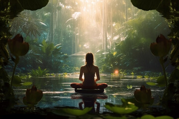 Healthy lifestyle, states of mind concept. Woman silhouette meditating or making yoga in dense jungles and illuminated with sun light