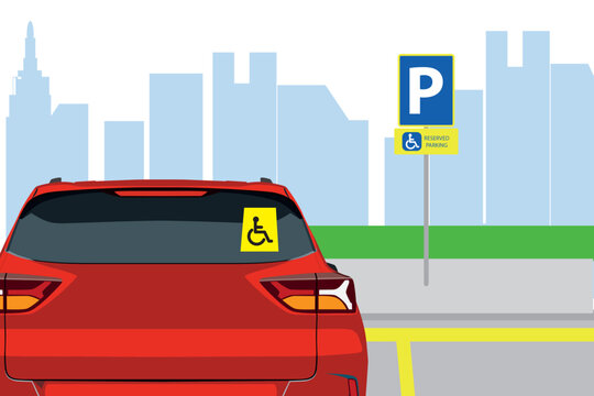 Traffic or road rules. Disabled parking area sign. Back view of a blue sedan car with handicap access sticker on rear window. Flat vector illustration template.