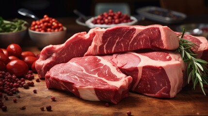 Different cuts of fresh raw red meat in supermarket, variety of prime meat steaks, angus, T-bone, ribeye, striploin, tomahawk on display in a grocery store meat counter, Generative ai