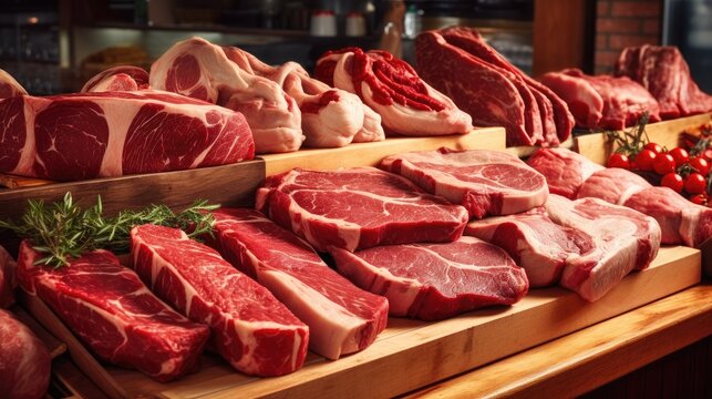 Different cuts of fresh raw red meat in supermarket, variety of prime meat steaks, angus, T-bone, ribeye, striploin, tomahawk on display in a grocery store meat counter, Generative ai