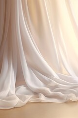 Soothing, mesmerizing wavy harmony movement of layer of blowing white, beige silky smooth sheer fabric cloth curtain in soft beautiful light on brown floor stage. Generative AI - obrazy, fototapety, plakaty