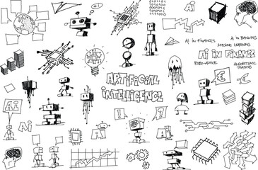hand drawn architectural sketches of artificial intelligence topics and robots and network strucures and ai in finance and money