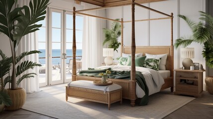 A tropical paradise bedroom with palm leaf prints, bamboo furniture, and a canopy bed for a serene island-inspired retreat