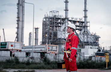 Engineer survey team wear uniform and helmet posing stand workplace checking project and radio...