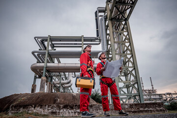 Engineer survey team wear uniform and helmet stand workplace checking blueprint project , radio...