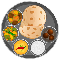 Indian Thali with Roti, Beef Stew, Mix Sabzi, Dal, Rice, and Gulab Jamun
