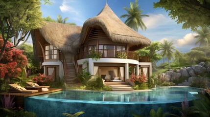 A tropical paradise villa with thatched roofs, open-air architecture, and lush landscaping for a luxurious and exotic getaway feel - obrazy, fototapety, plakaty