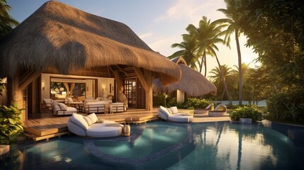 A tropical paradise villa with thatched roofs, open-air architecture, and lush landscaping for a luxurious and exotic getaway feel. - - obrazy, fototapety, plakaty