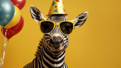 zebra in party hat and sunglasses over yellow background