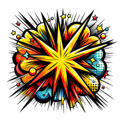 Colorful abstract explosive graphic with yellow starburst in the center and various shapes and patterns in the background. Perfect for creative projects, design elements or as a colorful background.