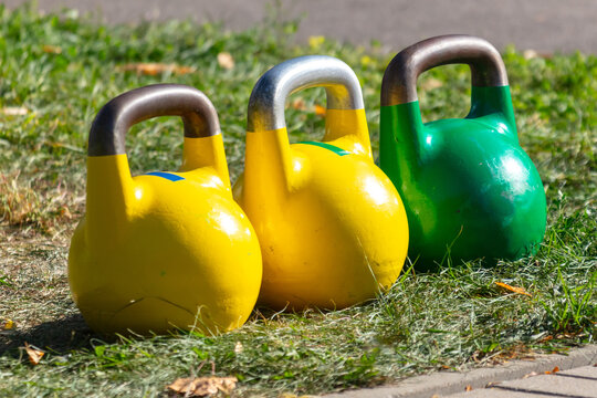 Three weights lie on the ground in the park