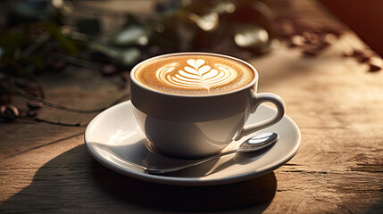 cup of cappuccino coffee with latte art in white glass on wooden table in cafe