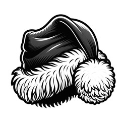 black and white illustration of a Santa Claus hat. The hat is tilted to the side and has a fluffy white trim and pom pom. This image can be used for Christmas or holiday themed designs or decorations.