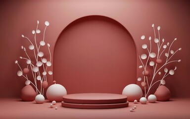 Empty light red wall with podium design, beautiful soft lights and small flowers. Elegant minimalist background for product presentation. 3D render place for produt presentation (1)
