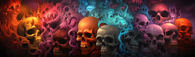 Art Illustration With Bright Neon Fantastic Skulls Generative AI	
