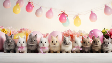 A merry gathering of bunnies under a festoon of colorful Easter eggs and balloons
