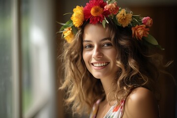 A woman with a floral headband and a flower crown on her head