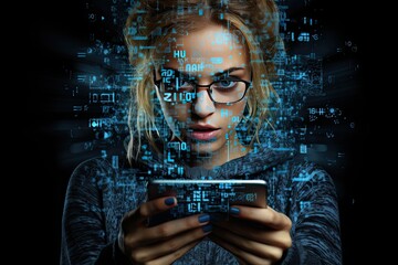 A girl with a smartphone communicates with the help of modern technologies and artificial intelligence. Digital clouThe concept of modern communication. Generated by AI.