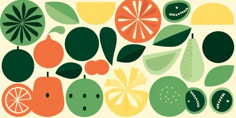 Abstract geometric food pattern. Natural organic fruit plant shapes eco agriculture concept.  minimal illustration, Generative AI - obrazy, fototapety, plakaty
