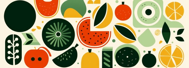 Abstract geometric food pattern. Natural organic fruit plant shapes eco agriculture concept.  minimal illustration, Generative AI