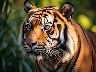 Obraz premium Close-up portrait of a tiger in the forest in autumn.