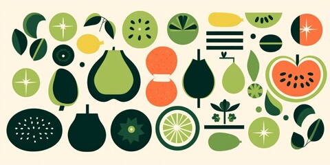 Abstract geometric food pattern. Natural organic fruit plant shapes eco agriculture concept. minimal illustration, Generative AI