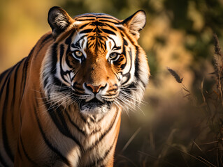 Close-up portrait of a tiger in the forest in autumn.