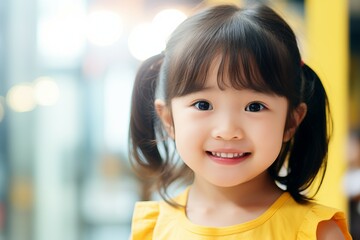 a little asian girl is smiling at the camera