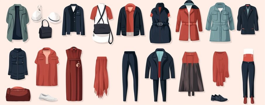 Fashion apparel set. Men women clothes accessories, cartoon stylish wardrobe dress shirt pants coat.  collection, Generative AI