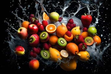 Obraz na płótnie Canvas colorful fruit splashed in the water on black background 