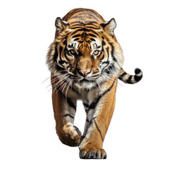 Fototapeta premium Angry Tiger Walking Front View Isolated on Transparent or White Background, PNG