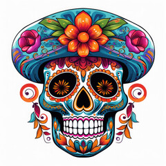 Mexican skeleton head skull in cute style Colorful rainbow clipart on white background created with Generative AI Technology