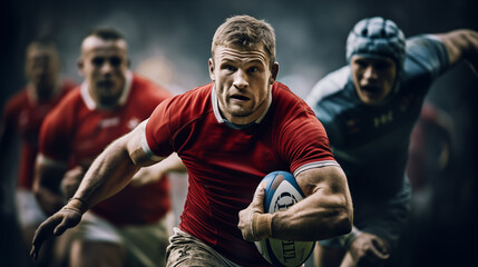 Dynamic photo of a rugby player holding the ball and trying to move forward. Rugby World Cup. The...