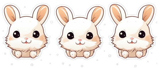 Set of 3 Round Bunny Stickers Isolated on Transparent or White Background, PNG