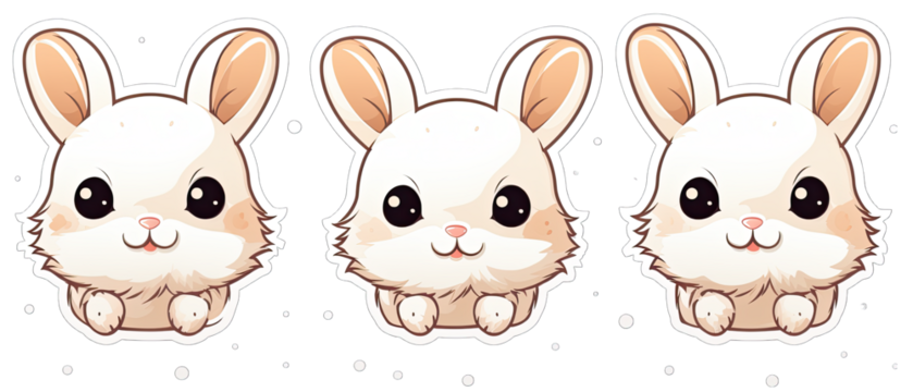 Set of 3 Round Bunny Stickers Isolated on Transparent or White Background, PNG