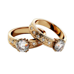 Gold Wedding Rings with a Large Diamond Isolated on Transparent or White Background, PNG