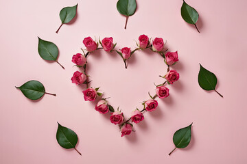 red rose with leaves. Women's Day and Valentine's day concept. Top view photo ofrose buds and sprinkles on isolated pastel pink background.