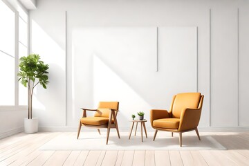 Interior of a bright living room with armchair on empty white wall background