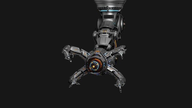Cyber machine manipulator equipped with multiple robotic arms for advanced works in nano technology or various space constructions. 3d rendering animation with alpha isolated on black background