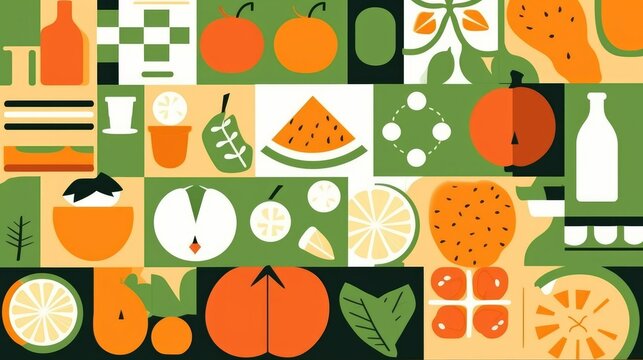 Food geometric mosaic background. Natural organic vegetable fruit pattern simple swiss bauhaus style.  illustration, Generative AI
