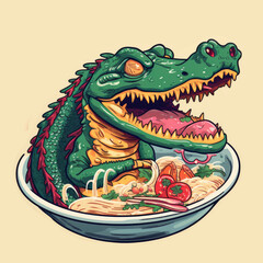 Obraz premium A Hungry Cartoon Alligator Enjoying a Delicious Bowl of Noodles