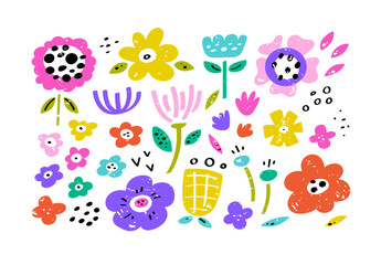 Set of trendy doodle and abstract nature icons on isolated background. Colorful summer collection, unusual organic shapes in freehand matisse art style. Includes  floral art and texture bundle